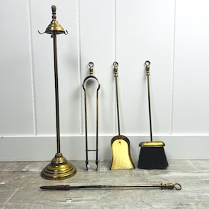 Vintage Brass Fireplace Tools set of four plus stand classic finial top Brush Poker Shovel Tongs for Lodge Cabin Cottage Wood Stove Fire Pit