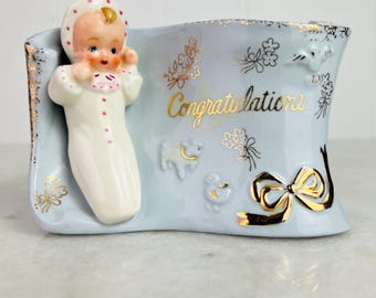 Vintage Shafford Original Nursery Planter, #4176, 1950s, blue, gold, reads Congratulations, mid century planter for table or wall, baby gift