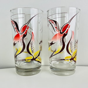 Vintage Cocktail Glass set of two, red and yellow swallows, bird design, for summer cocktails, mid century glassware, bar decor, gift
