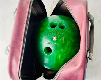 Vintage groene marmeren bowlingbal, jaren 1970 Bonanza 300 White Dot, met roze draagtas, voor bowlen, retro feest, verzamelobject, cadeau