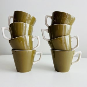 Vintage Noritake Primastone Tassen, 2 x 4er Set, Bronze Muster, grün und weiß, MCM minimalistische moderne Keramik, für Tee, Kaffee, Geschenk