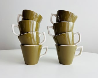 Vintage Noritake Primastone Mugs, 2 x set of four, Bronze pattern, green and white, MCM minimalist modern Ironstone, for tea, coffee, gift