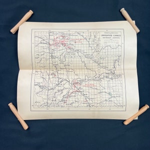 Mapa antiguo de 1911, Canales de riego del sur de Alberta, del "Informe sobre los poderes hídricos de Canadá", arte mural de la época de Wilfrid Laurier, sin marco