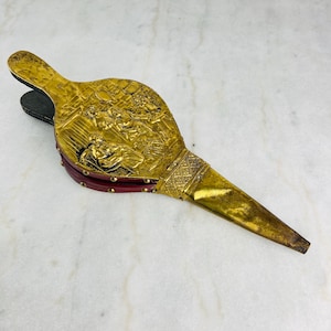 Vintage Embossed Brass and Wood Fireplace Bellows, fire tool, Fire pit accessories, for wood burning stove, Fire starter, vintage home decor