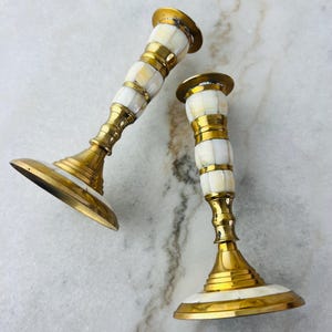 Vintage Brass and Mother of Pearl Candlesticks, Pair, Candle Holders, Multiple tiers, great for table centrepiece, holiday home decor, gift
