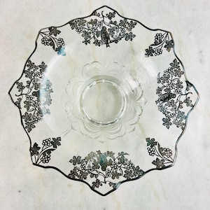Antike Sterling Silber Overlay Konsole Schüssel, Vögel und Beeren, Glas Herzstück, Vintage Glas, Geschenk, Hochzeitsgeschenk