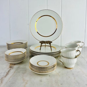 Vintage Barratt&#39;s Golden Anniversary Dinnerware Set, 36 pieces, Staffordshire, Bone White with 22 karat gold stripe + trim, fine bone china