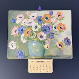 Calendario antico del 1949 con natura morta dipinta da C.P. Shilton, anemone, effimera, decorazione murale, raro, pubblicato da CW Faulkner and Co, regalo
