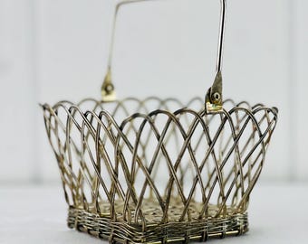 ヴィンテージ シルバープレート編みバスケット、高さ 5 インチ