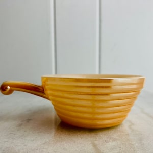 Vintage Fire King handled bowl, 1940s Anchor Hocking Peach Lustre iridescent Ribbed Pattern, for cooking, serving, decor, gift