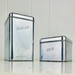 Vintage 1950s Aluminum kitchen Canisters, Canette Masterware Chrome, Sugar Tea, pet treats, kitchen storage, eclectic, home decor, gift
