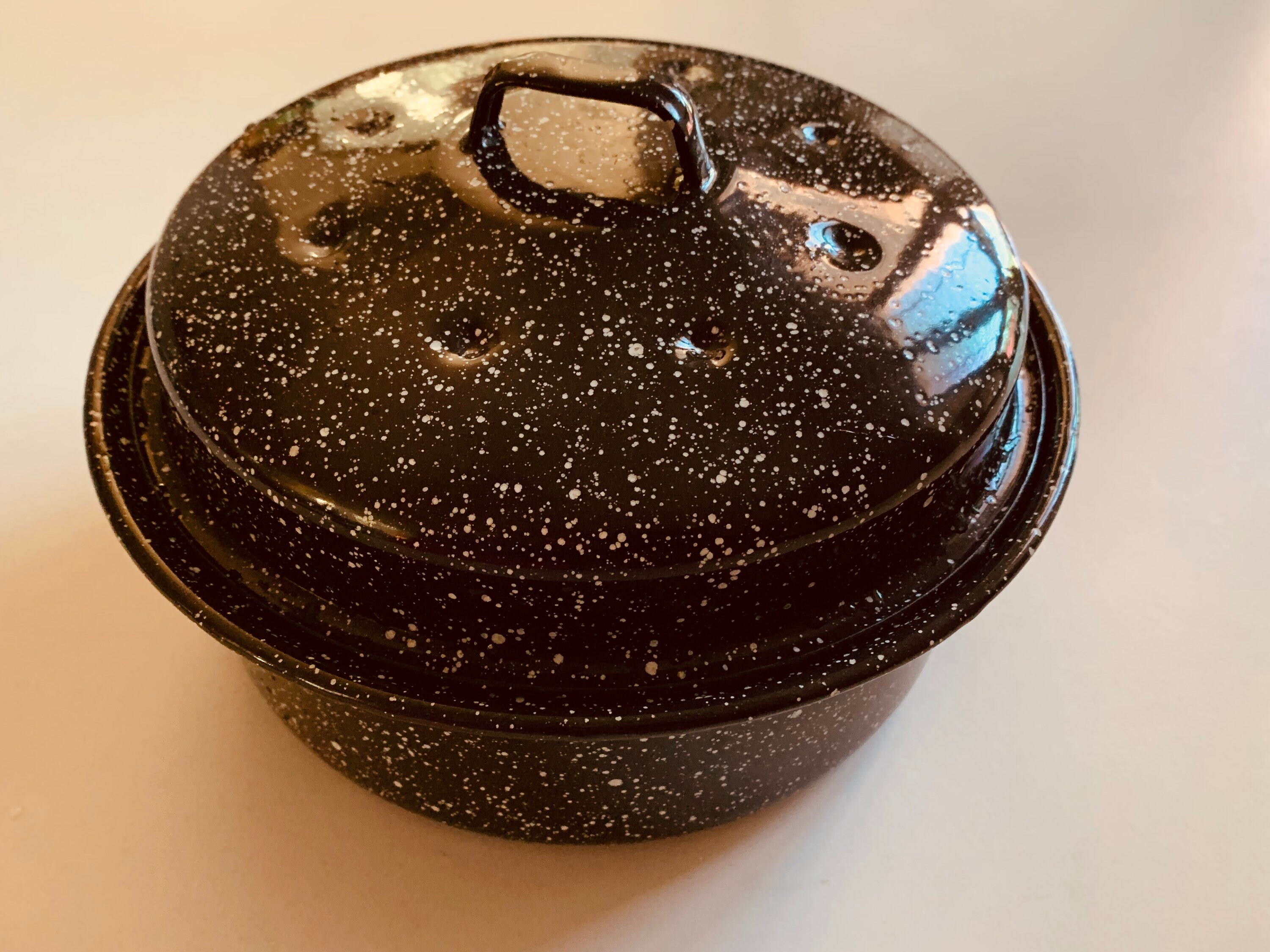 Vintage Enamel Roasting Pan Black and White Speckled 10 Round Etsy