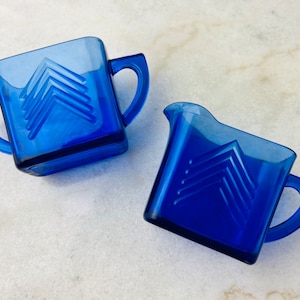 Set da crema e zucchero vintage Hazel Atlas, motivo a zig-zag blu cobalto, bicchiere da depressione EAPG, per decorazioni Atomic Age, per bar, regalo, USA