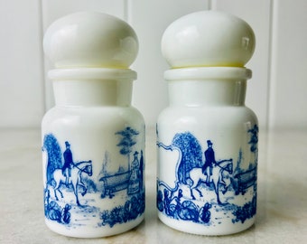 2 x Vintage 1960s Bubble Top Milk Glass Apothecary Jar, Belgium, Blue and white decor, Kitchen storage, Victorian Print, Spice Jar, gift