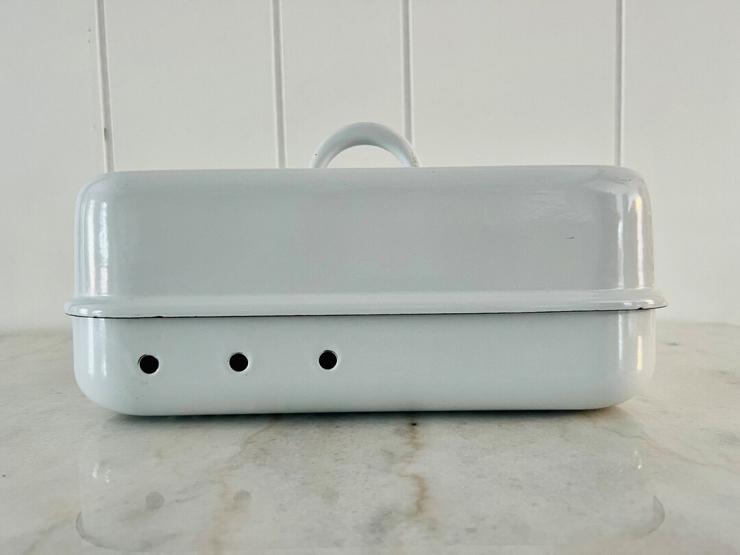 Vintage White Enamel Roasting Pan, Handled Lid, Large, Deep French