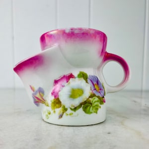 Antique Shaving Mug, hand painted, white pink purple flowers, ombre pink trim, for home decor, shaving scuttle, rare, collectible, gift