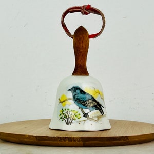 Vintage Hand Bell with Purple Martin decoration, Ceramic, Wood Handle, Dinner Bell, Hand Bell, vintage home decor, collectible bell, gift