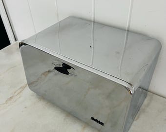 Vintage French Chrome Bread Box, QueenLine by A.R. Lite, Wood Cutting Board Lid
