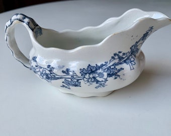 Antique (1800s) T. Furnival & Sons Flow Blue Gravy Boat, Charm pattern, Cobridge Staffordshire Transferware Hand painted Blue and white