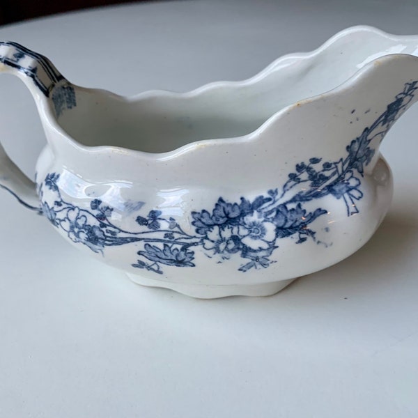 Antique (1800s) T. Furnival & Sons Flow Blue Gravy Boat, Charm pattern, Cobridge Staffordshire Transferware Hand painted Blue and white