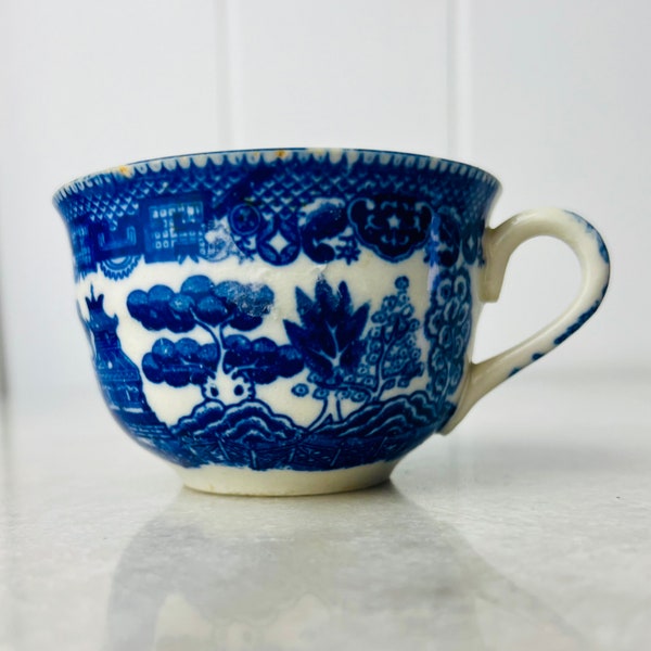 Rare Antique Blue Willow Teacup, interior and exterior design Chinoiserie, Blue and White, transferware, made in England, collectible, gift