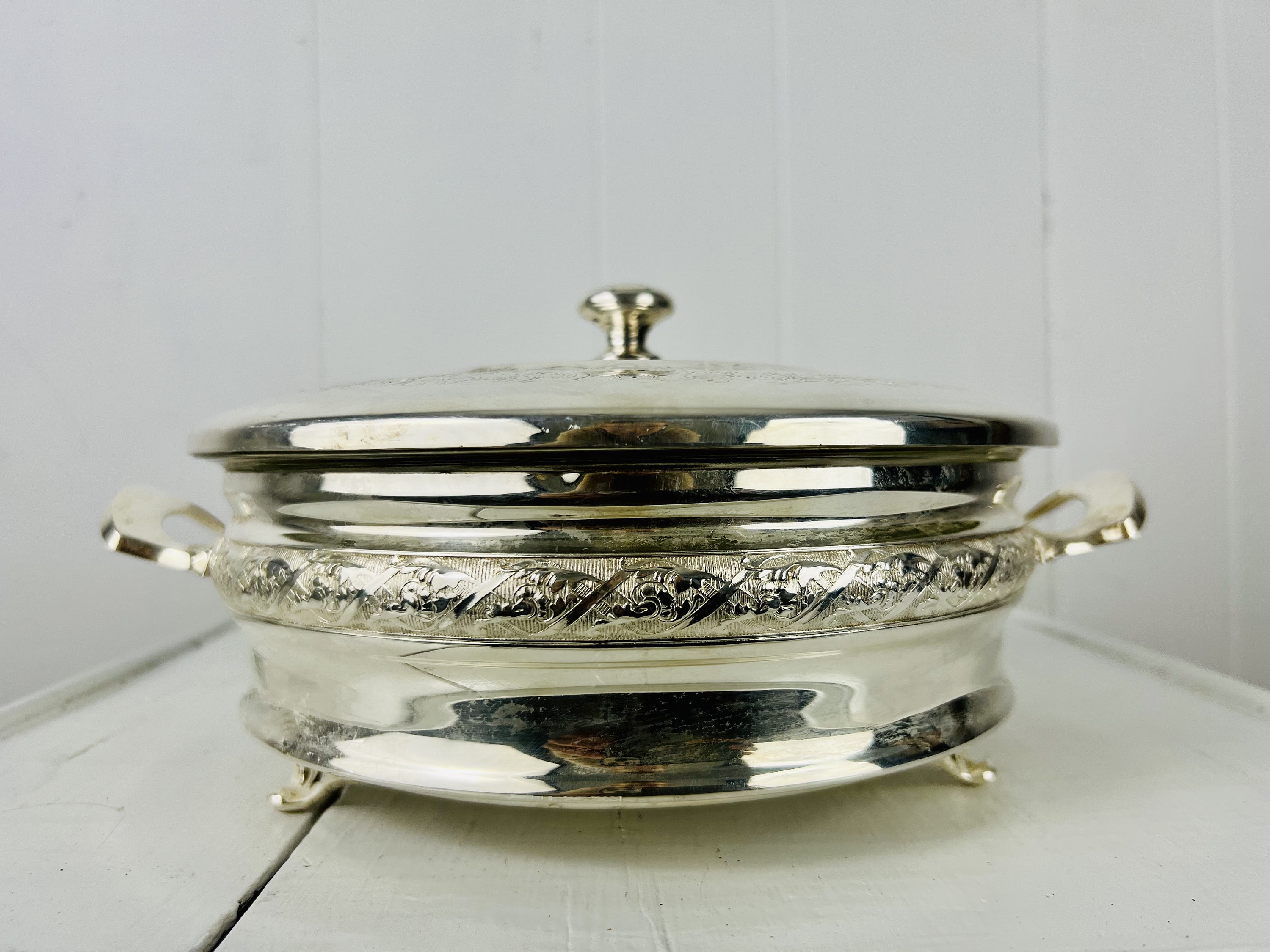 Marinex 3pc Silver Covered Serving Dish, Ornate Handled Lid & Footed Stand,  Glass Bowl Insert 
