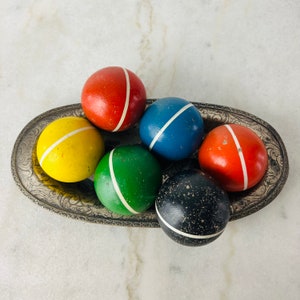 Vintage Croquet Balls, six primary colours with white stripes, weathered, lawn game, Kitschy home decor, game room decor, croquet gift