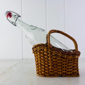 Vintage Mid Century Wicker Wine Basket, bottle holder and decanter, bohemian decor, wine gift, housewarming gift