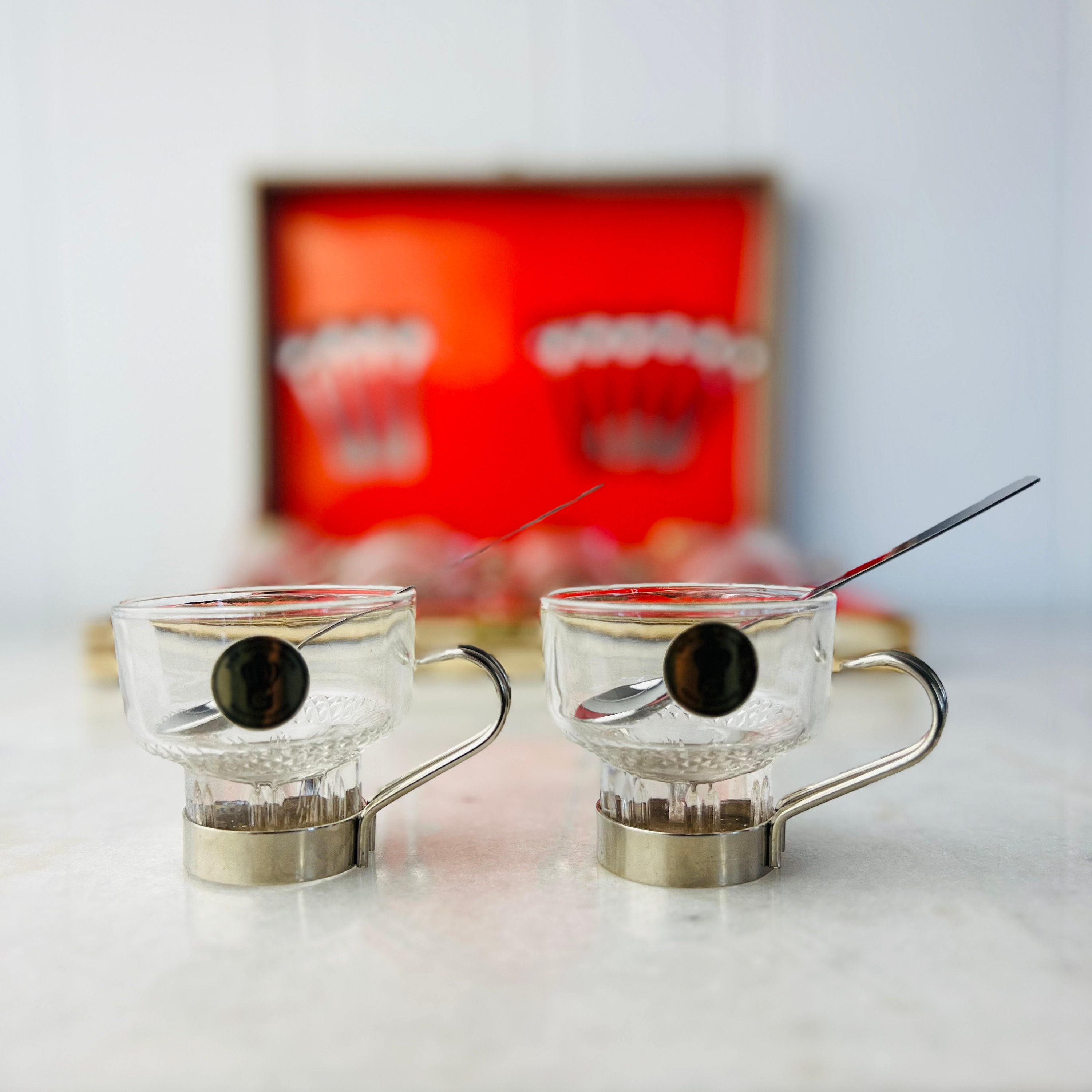 Vintage Hand Engraved Glass Espresso Coffee Cups With Steel Handle, 3 ...