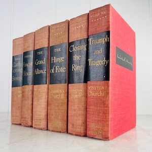 May include: A set of antique books with red and tan covers. The spines are black with gold lettering, featuring titles such as "Closing the Ring" and "Triumph and Tragedy." These appear to be a series, possibly historical or biographical works.