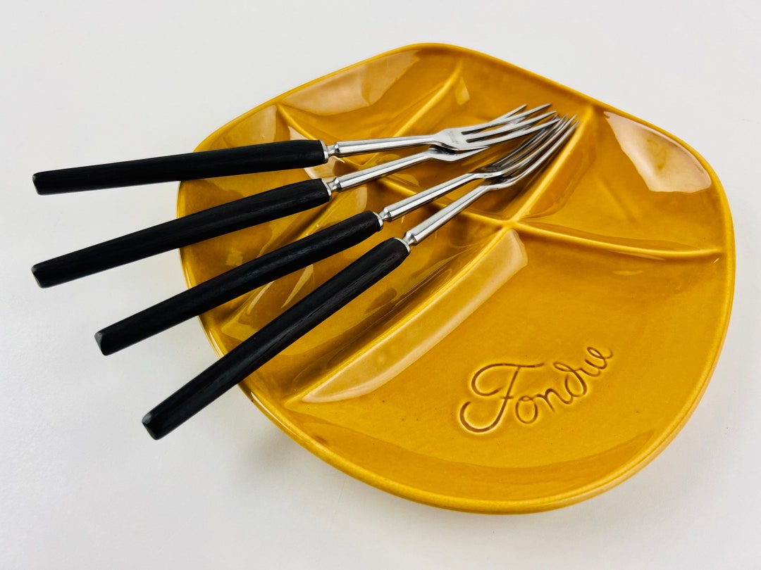 Vintage Fondue Fork Set of 4, French, Teak Handle, Stainless Steel, for