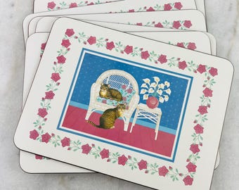 Vintage Jason Products Placemats, Set of 6, Cats with Chairs, Cork back New Zealand, 1990s vintage home decor kitchen decor retro cat gift