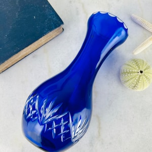 Vintage Bohemia Crystal Vase, Cobalt Blue Cut to Clear Glass, hand blown art glass, for flowers, mid century modern home decor, gift