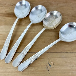 RARE Antique Simeon L and George H Rogers Co Soup Spoons, set of 4, 1937 Jasmine pattern Xtra triple plate flatware for vintage wedding gift