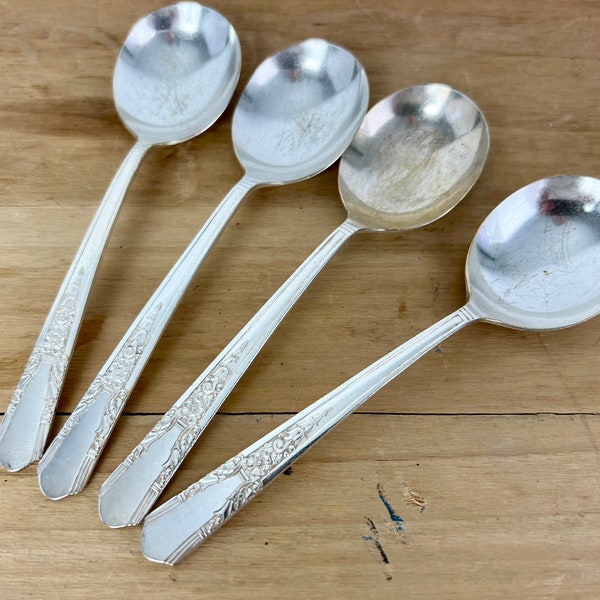 Antique Simeon L. and George H. Rogers Co Spoon set of 4, Jasmine pattern 1937 Xtra triple plate, for serving soup, vintage wedding, gift