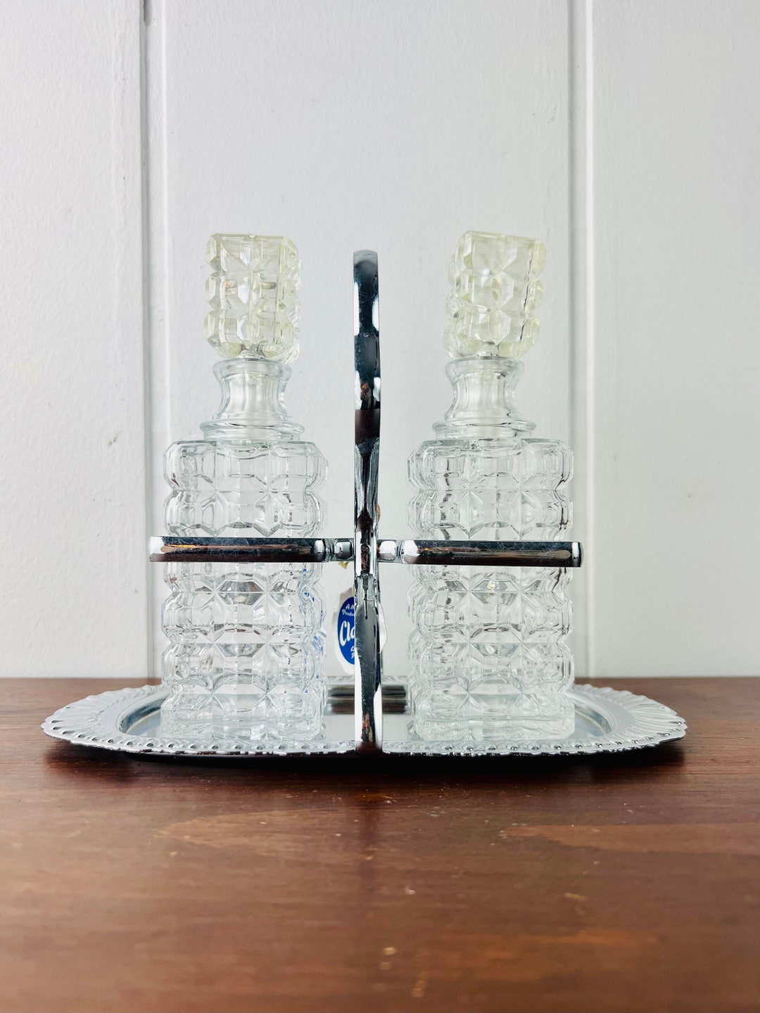 Vintage Mayell Cruet Set, classic Chromium Plate 3 Piece, With Two Jars