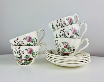Vintage Myott Indian Tree Ironstone Tea Cups and Saucers Set of 5