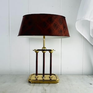 RARE French Empire Style Brass Bouillotte Lamp Black Red Brown Tortoise Shell Tole Shade for Card Table Desk Living Room Home Decor