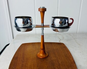 Vintage Glo-Hill Teak Coffee Serving Tray, Cream and Sugar Set, Bakelite Handle