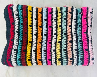 Vintage Handmade Crochet Afghan, Rainbow Stripe Throw, MCM Decor