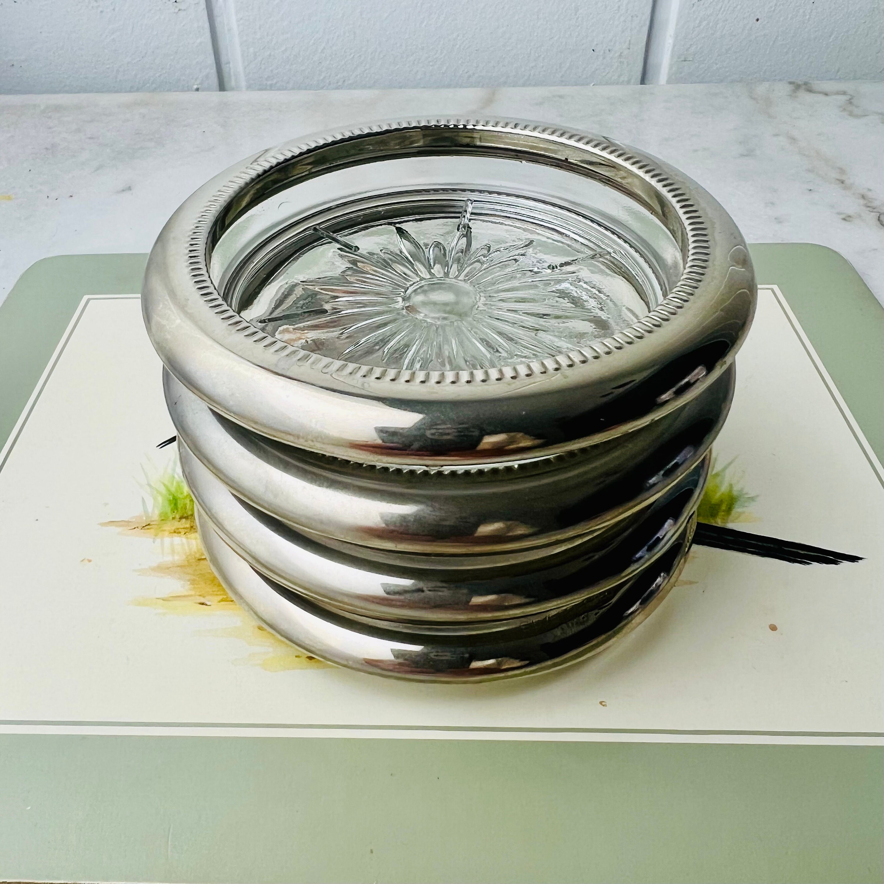 Vintage Silverplate Glass Coasters, Set of 4, Made in Italy