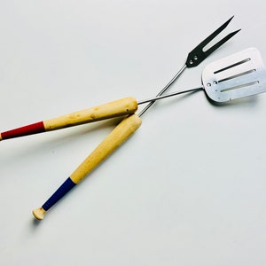 Vintage Barbecue Tools, Baseball themed utensil set, 2 pieces, fork and spatula, sports decor, gift for baseball, sports fan