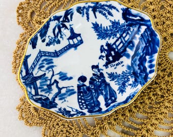 Antique Royal Crown Derby Pin Dish: 1920s Blue Mikado Transferware