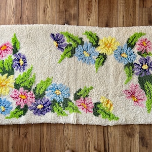 Vintage Hooked Rug, 1970s, Floral rectangular 30&quot; x 16&quot;, hand made latch hooked medium pile shag, multi colour, for mid century decor, gift