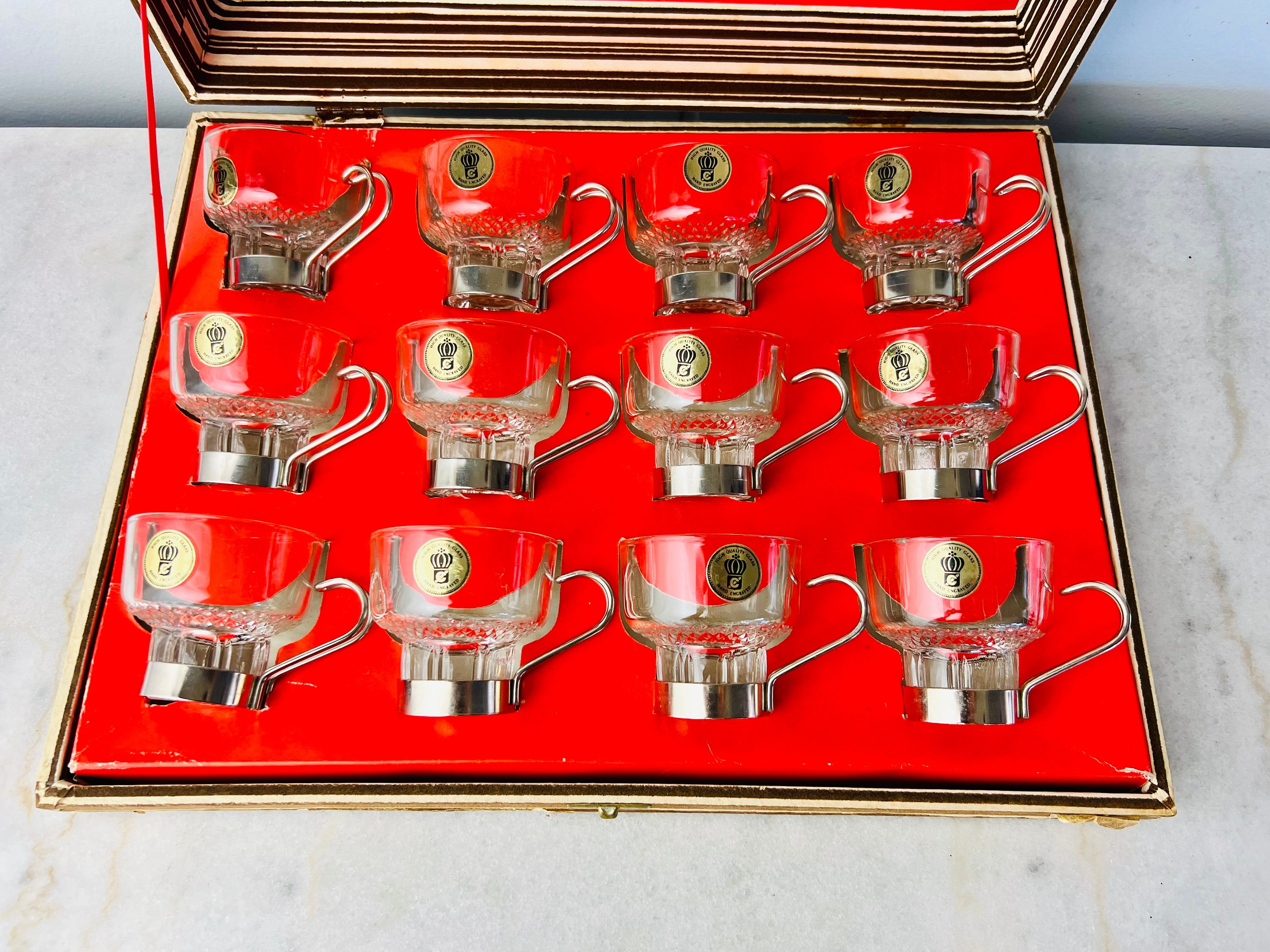 Vintage Hand Engraved Glass Espresso Coffee Cups With Steel Handle, 3 ...