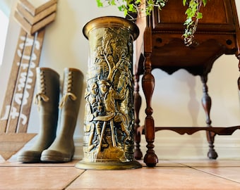 Vintage Mid Century Lombard English Brass Embossed Repousse Umbrella Stand Cane Holder, circa 1970s, vintage home decor, gift