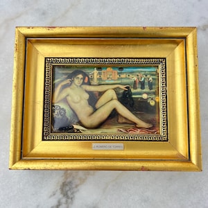 Vintage El retablo del amor by J. Romero de Torres, convex enamel on tin art in gold Frame, made by Difiarte in Spain, wall art, home decor