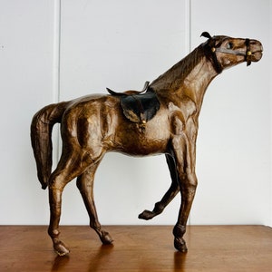 Vintage Leather Horse Sculpture with Glass Eyes, Realistic Horse Figurine, Dark Brown Hand Made Leather Sculpture, farm Decor, Rustic Decor