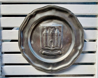 vintage French Pewter Plate, Relief décoratif du château de Vilvoorde Belgique, Plaque d'art de collection, 92% ETAIN (TIN), Plaque murale MCM