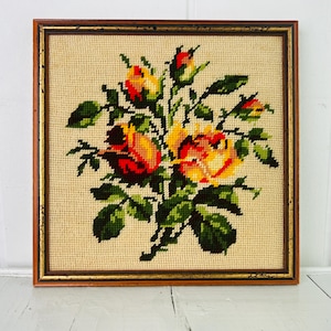 Vintage Frame Floral Needlepoint Orange Roses in Bloom 10&quot; square perfect for floral wall gallery, vintage wall art, housewarming gift